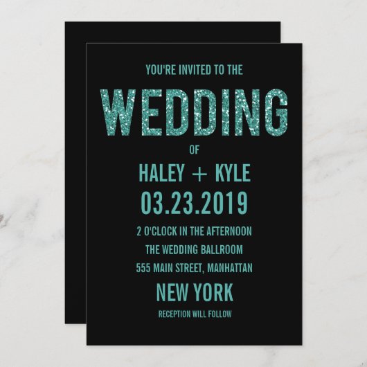 Invitation Parties scintillant noire et turquoise Typographie (Devant / Derrière)