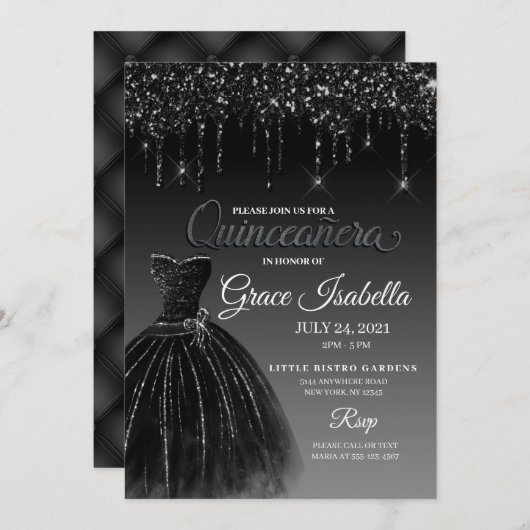 Invitation Parties scintillant noire goutte Quinceanera Anniv (Devant / Derrière)
