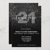 Invitation Parties scintillant noire moderne élégant 21e anni (Devant / Derrière)