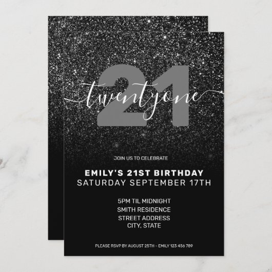 Invitation Parties scintillant noire moderne élégant 21e anni (Devant / Derrière)