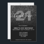 Invitation Parties scintillant noire moderne élégant 21e anni<br><div class="desc">Parties scintillant Noire Élégante Moderne Invitation 21ème Anniversaire. Conception minimaliste de modèle d'invitation de 21e anniversaire avec élégante calligraphie lettrée à la main police de script et faux arrière - plan de parties scintillant.</div>