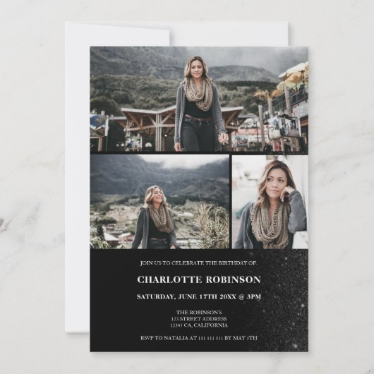 Invitation Parties scintillant noire ombre script 4 photos Sw (Dos)
