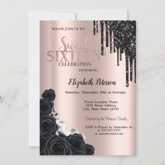 Invitation Parties scintillant noire, Roses, Rose Gold Sweet  (Devant)