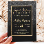 Invitation Parties scintillant noire typographie or Sweet 16<br><div class="desc">Une douche à parties scintillant noire foncée, moderne, assez chic et élégante en faux or et noir foncé avec Sweet sixteen en bloc de couleur noire invitant avec parties scintillant noire ombre motif s'ouvrant sur un arrière - plan noir avec et élégant cadre doré Parfait pour une fête d'anniversaire de...</div>