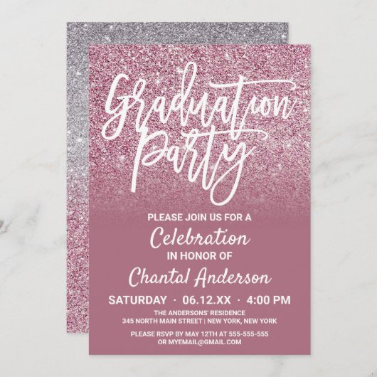 Invitation Parties scintillant Ombre Cassis Pink Silver Faux (Devant / Derrière)