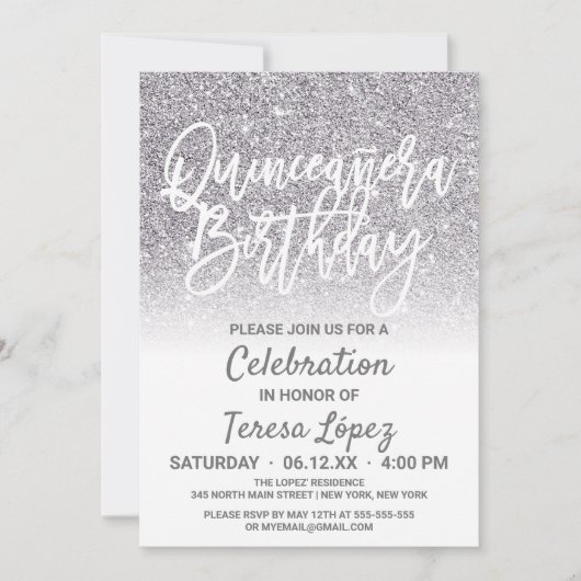 Invitation Parties scintillant Ombre Quinceañera en argent bl (Devant)
