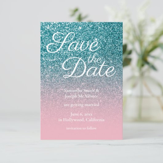 Invitation Parties scintillant Ombre turquoise et rose Enregi (Debout devant)