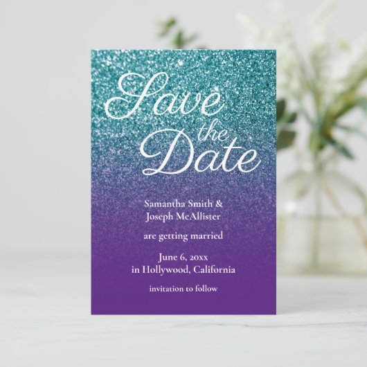 Invitation Parties scintillant Ombre turquoise et violette En (Debout devant)