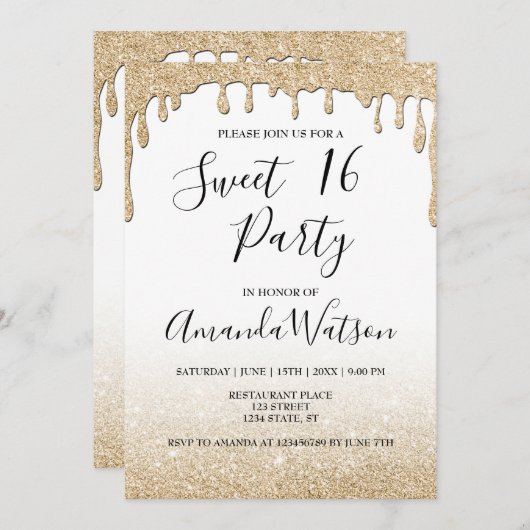 Invitation Parties scintillant or à goutte d'or moderne fauss (Devant / Derrière)