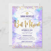 Invitation Parties scintillant or bat mitzvah Aquarelle viole (Devant)