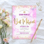 Invitation parties scintillant or bat mitzvah moderne couleur<br><div class="desc">Soyez fier, réjouissez-vous et présentez cette étape importante de votre Bat mitzvah préféré ! Envoyez cette fausse feuille et parties scintillant en or brillant, moderne et étonnant, contre un arrière - plan d'aquarelle rose douce, invitation personnalisée pour un événement à se souvenir. Personnalisez le texte personnalisé avec le nom, la...</div>