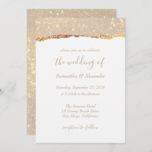 Invitation Parties scintillant or blanc Mariage Glam (Devant / Derrière)