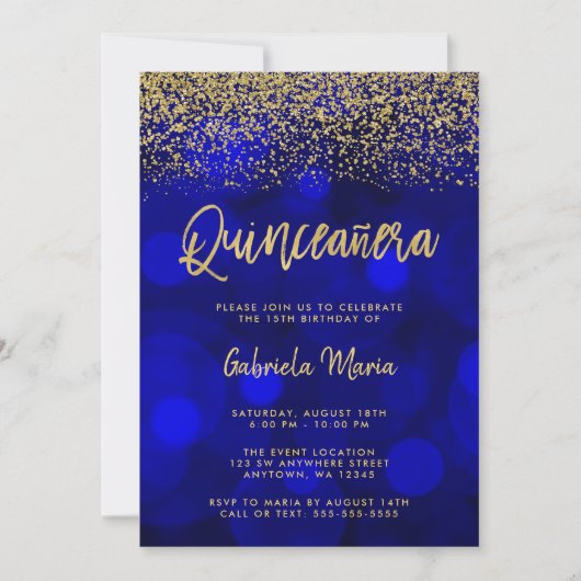 Invitation Parties scintillant or Blue Bokeh Quinceanera (Devant)