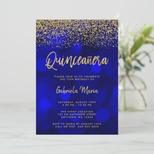 Invitation Parties scintillant or Blue Bokeh Quinceanera (Debout devant)