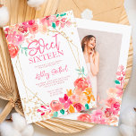 Invitation Parties scintillant or boho aquarelle florale phot<br><div class="desc">Boho rose,  terracotta,  rouge et marron floral aquarelle et or parties scintillant confetti typographie Sweet 16 anniversaire avec des fleurs peintes à la main,  verdure aquarelle branches feuilles avec cadre de terrarium géométrique or,  parfait pour toutes les saisons fête d'anniversaire,  ajoutez votre photo à l'arrière</div>