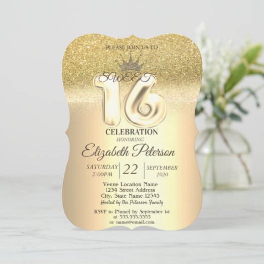 Invitation Parties scintillant or Bokeh, Tiara, Sweet 16 Part (Debout devant)