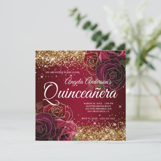 Invitation Parties scintillant or brillant Rose rouge foncé Q (Debout devant)