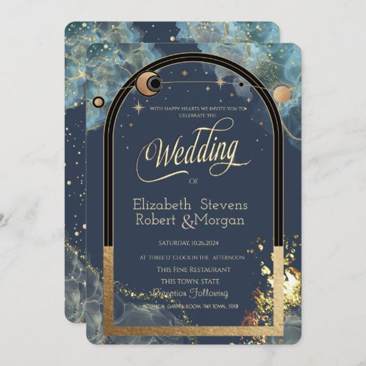 Invitation Parties scintillant or céleste Sun Moon Gold (Devant / Derrière)