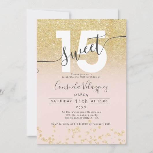 Invitation Parties scintillant or chic ombre blush Quinceaner (Devant)