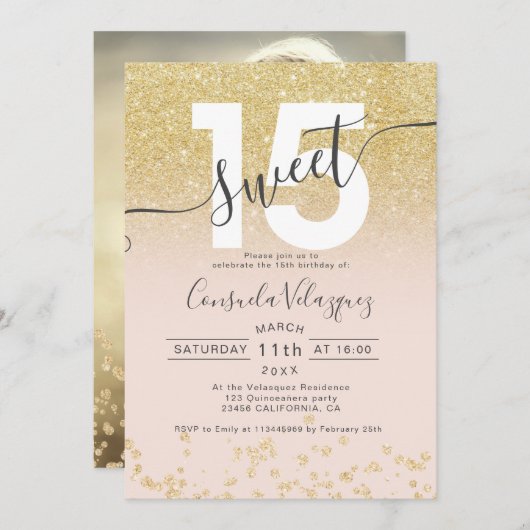 Invitation Parties scintillant or chic ombre blush Quinceaner (Devant / Derrière)