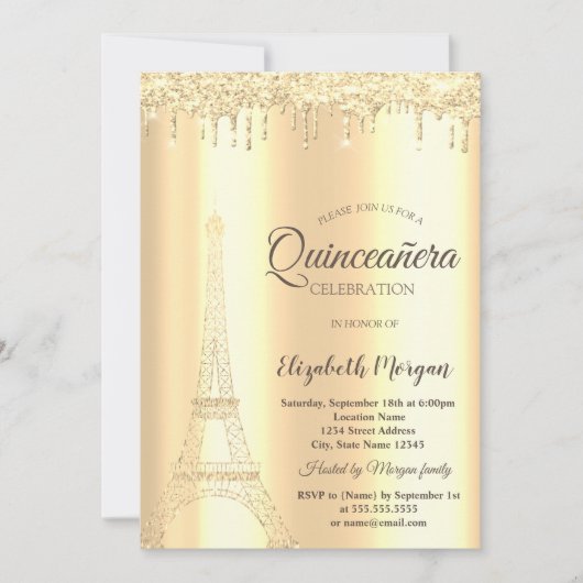 Invitation Parties scintillant Or Chic Tour Eiffel, Drives Qu (Devant)