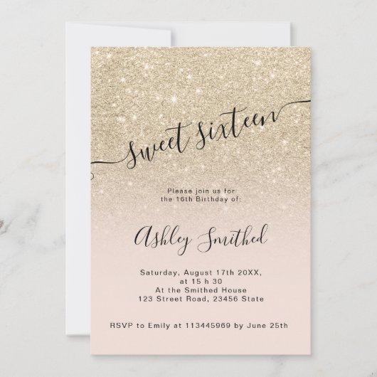 Invitation Parties scintillant or clair rose ombre script dou (Devant)