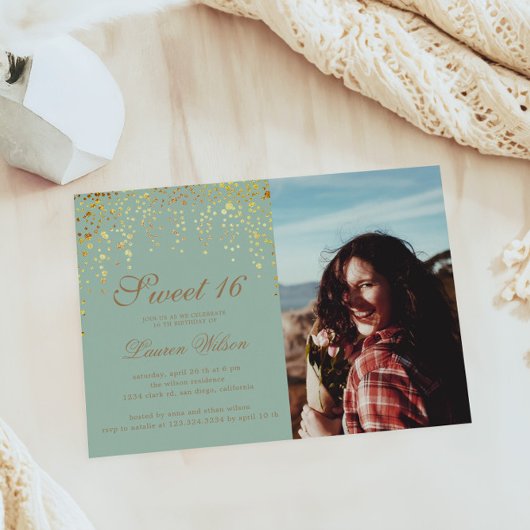 Invitation Parties scintillant Or Confetti Sur Sweet sixteen 