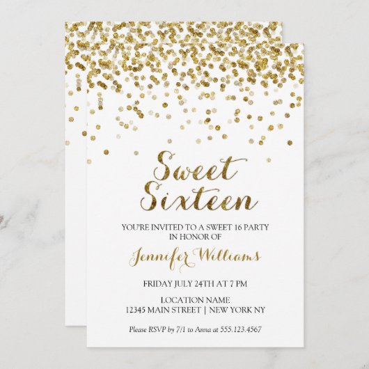 Invitation Parties scintillant Or Confetti Sweet sixteen 16 I (Devant / Derrière)