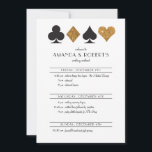 Invitation Parties scintillant or de la chronologie Faire-par<br><div class="desc">Parfait pour un mariage de Vegas ou un événement de casino, cette carte chronologique présente une parties scintillant d'or faux et des costumes de carte noire sur un arrière - plan blanc avec du texte entièrement personnalisé et un backer de coordination correspondant. Inclure dans les invitations de vos invités ou...</div>