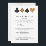 Invitation Parties scintillant or de la chronologie Faire-par<br><div class="desc">Parfait pour un mariage de Vegas ou un événement de casino, cette carte chronologique présente une parties scintillant d'or faux et des costumes de carte noire sur un arrière - plan blanc avec du texte entièrement personnalisé et un backer de coordination correspondant. Inclure dans les invitations de vos invités ou...</div>