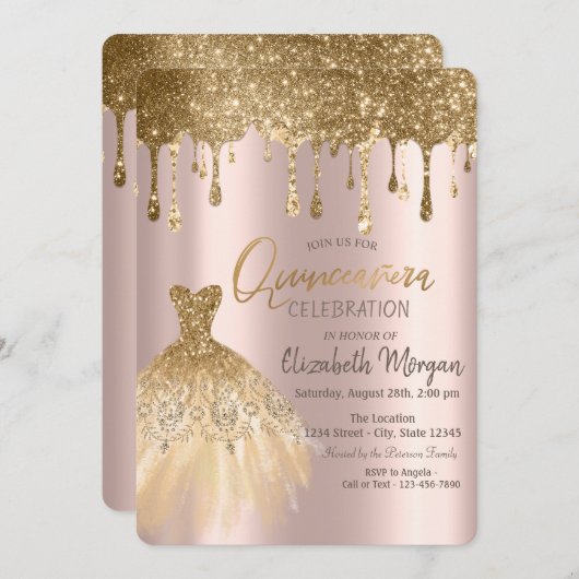 Invitation Parties scintillant Or de luxe  Drives Robe Quince (Devant / Derrière)