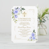 Invitation Parties scintillant Or de luxe Fleurs bleues garço (Debout devant)