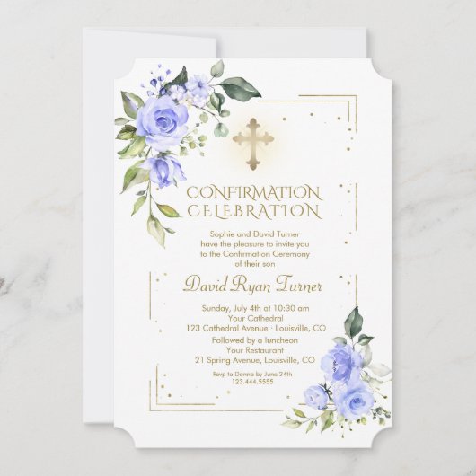 Invitation Parties scintillant Or de luxe Fleurs bleues garço (Devant)