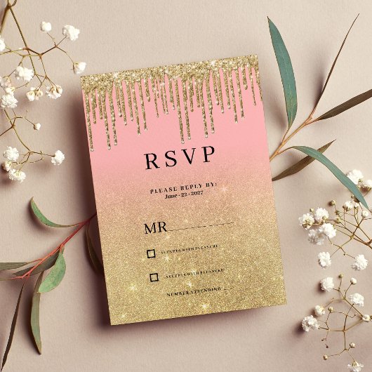 Invitation Parties scintillant or de luxe rose ombre gouttes 