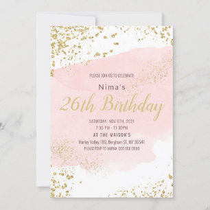 Invitation Parties scintillant or de trait d'aquarelle rose