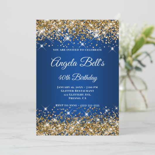 Invitation Parties scintillant Or Deep Blue Ombre Fancy Monog (Debout devant)