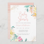 Invitation Parties scintillant or doux Baby shower floral ros (Devant / Derrière)