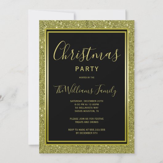 Invitation Parties scintillant Or élégant, Soirée de Noël enc (Devant)