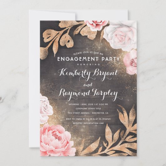 Invitation Parties scintillant or et Blush Pink Floral Engage (Devant)