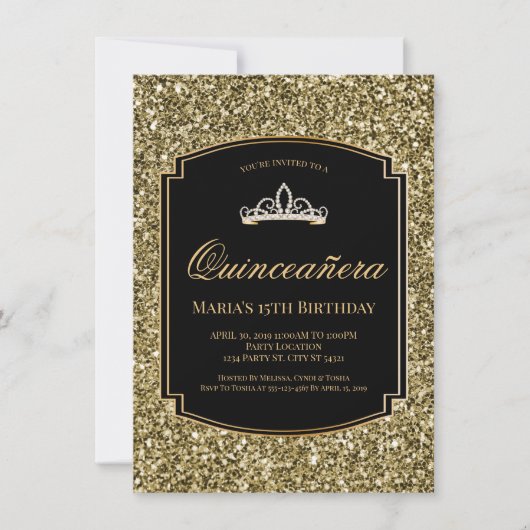 Invitation Parties scintillant or et noir Quinceañera Invitat (Devant)