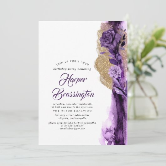 Invitation Parties scintillant or et Plum violet fête d'anniv (Debout devant)