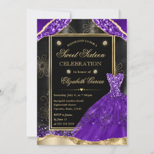 Invitation Parties scintillant or et violet robe Sweet sixtee
