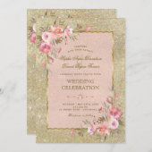 Invitation Parties scintillant or étincelante Mariage Fleurs (Devant / Derrière)