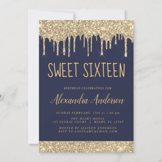 Invitation Parties scintillant or étincelle Sweet sixteen ann (Devant)