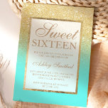 Invitation Parties scintillant or Faux élégant aqua turquoise<br><div class="desc">Une douche à parties scintillant en faux or moderne, assez chic et élégante ombre avec bloc de couleur océan turquoise Sweet 16 anniversaire invitation avec or ombre motif s'estompe sur un arrière - plan océanique turquoise avec et élégant cadre doré Parfait pour une princesse Sweet sixteen, parfait pour elle, la...</div>