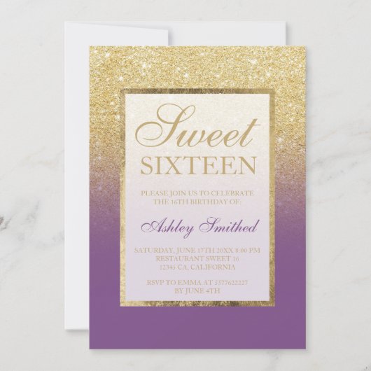 Invitation Parties scintillant or Faux ombre violet chic Swee (Devant)