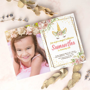 Invitation Parties scintillant or Floral Unicorn Horn Birth
