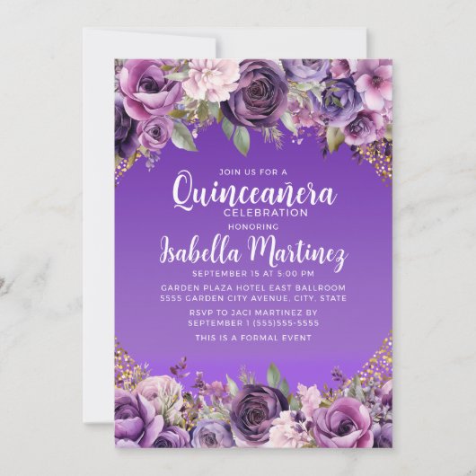 Invitation Parties scintillant or florale violet Quinceañera (Devant)