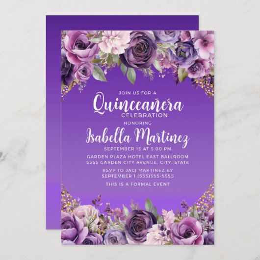 Invitation Parties scintillant or florale violet Quinceañera (Devant / Derrière)
