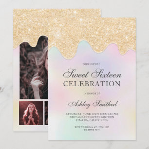 Invitation Parties scintillant or goutte perle sweet sixteen 